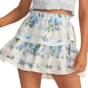 LoveShackFancy Ruffle Mini Skirt Blue and White Xs